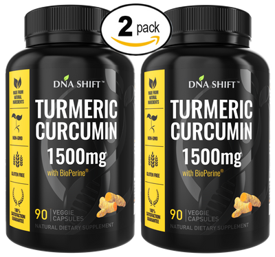 Turmeric Curcumin 1500mg ULTRA HIGH STRENGTH Natural Supplement - 180 Veg Caps (2x 90 Veg Caps Bottles Individually Boxed)