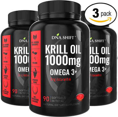 1000mg HIGH POTENCY Krill Oil Omega-3 w/ 3mg Astaxanthin Natural Supplement - 270 Softgels Caps (3x 90 Softgels Caps Bottles Individually Boxed)
